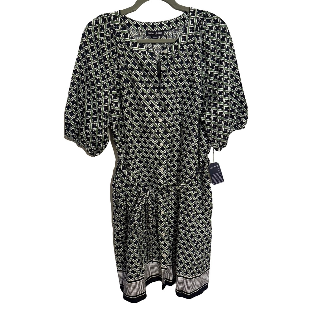 Nautica Jeans Clearwater Beach Vacation Linen Geometric‎ Midi Shirt Dress XL NEW